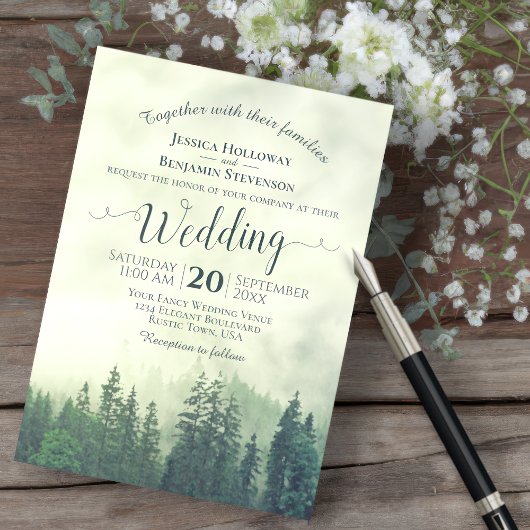 Foggy Green Mountain Pines Rustic buitenshuis Wedd Kaart