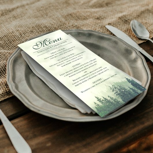 Foggy Green Pine Trees Rustic Elegance Wedding Menu
