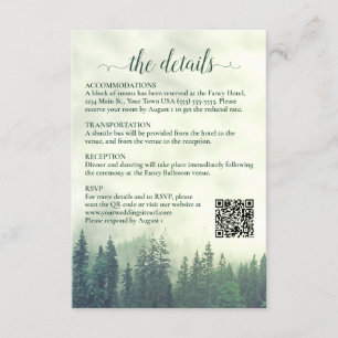 Foggy Green Pine Trees Wedding Details QR Code Informatiekaartje