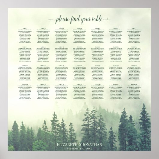 Foggy Green Pines 28 Table Wedding Seating Chart Poster (Voorkant)