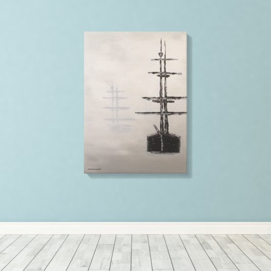 "Foggy Harbor", nautical, impressionism, ships Canvas Afdruk (Insitu (Houten vloer))