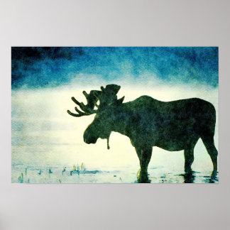 Foggy Moose Silhouette Waterverf Painting Poster