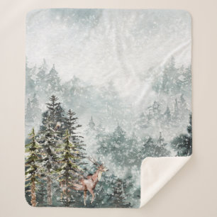 Foggy Mountain Snowy Winter Woodland Deer Sherpa Deken