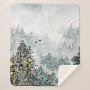Foggy Mountain Snowy Winter Woodland Ravens Sherpa Deken