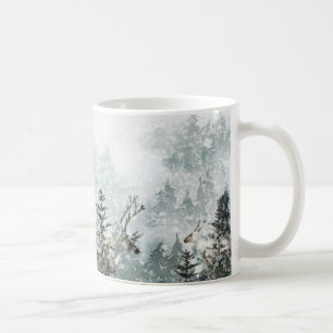 Foggy Mountain Snowy Woodland Forest Stag Deer Mok