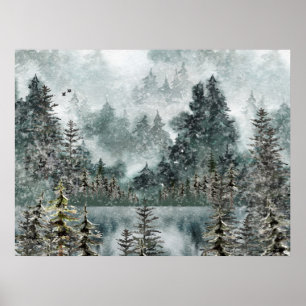 Foggy Mountain Woodland Bevroren Lake Poster