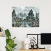 Foggy Mountain Woodland Bevroren Lake Poster (Thuiskantoor)