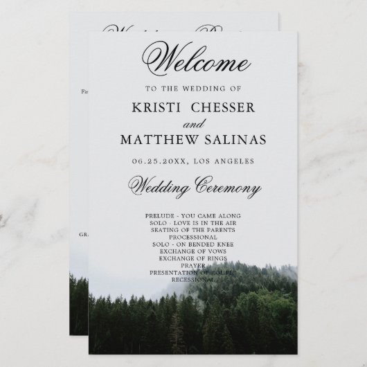 Foggy Pine Trees Rain Forest Wedding Program Kaart (Voorkant / Achterkant)