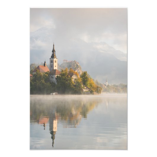 Foggy sunrise Lake Bled impression verticale (Devant)