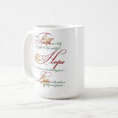Foi, Espoir, Amour Rouge Vert Or Mug de Noël (Devant gauche)
