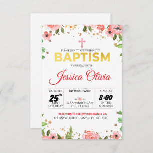 Foi florissante : Invitation Baptême Floral Rose