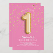 Foil Balloon Floral 1er anniversaire Invitation (Devant / Derrière)