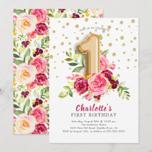 Foil Balloon Floral 1st Birthday Invitation Kaart