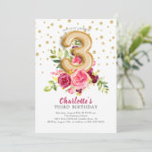 Foil Balloon Floral 3rd Birthday Invitation Kaart (Staand voorkant)