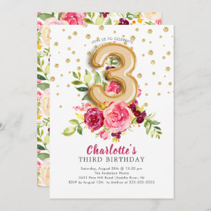 Foil Balloon Floral 3rd Birthday Invitation Kaart