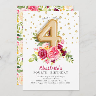 Foil Balloon Floral 4th Birthday Invitation Kaart