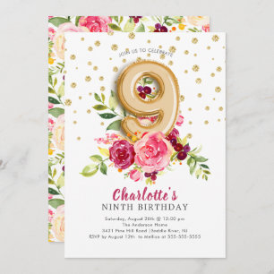 Foil Balloon Floral 9th Birthday Invitation Kaart