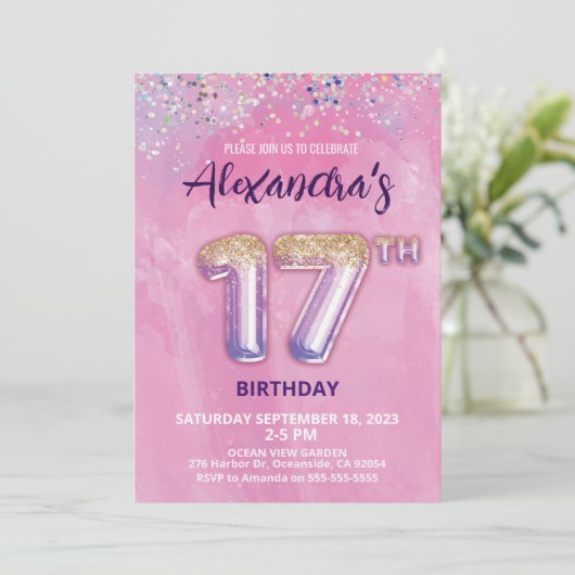 Foil Balloon Invitation 17e anniversaire (Debout devant)