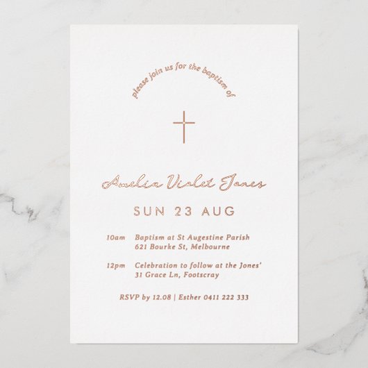 Foil Baptême minimal Christening Cross Invitation (Recto)