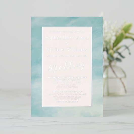 Foil Clouds & Sky Boho Serene Faire-part de mariag (Debout devant)