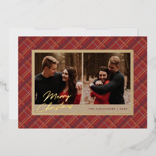 Foil Hiver Plaid Noël 2 Cartes photos - Rouge (Enveloppe)