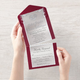 Foil Ornate Frame & Heart - Burgundy All In One Uitnodiging