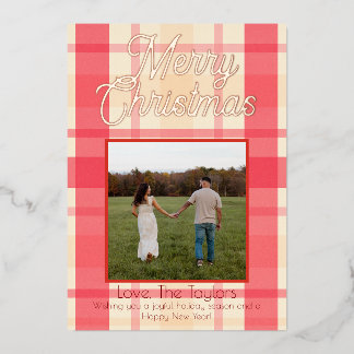 Foil Pink Plaid Vintage Merry Christmas Card Folie Feestdagenkaart