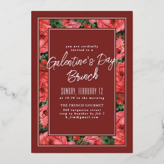 Foil Rose Frame Galentine's Day Invitation -Maroon (Recto)