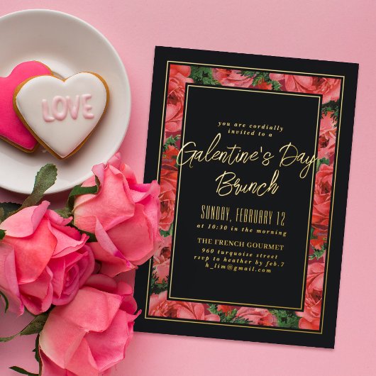 Foil Rose Frame Galentine's Day Invitation - Noir