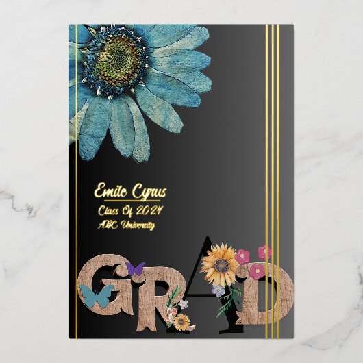 Foil Script Faire-part de graduation florale rétro (Recto)