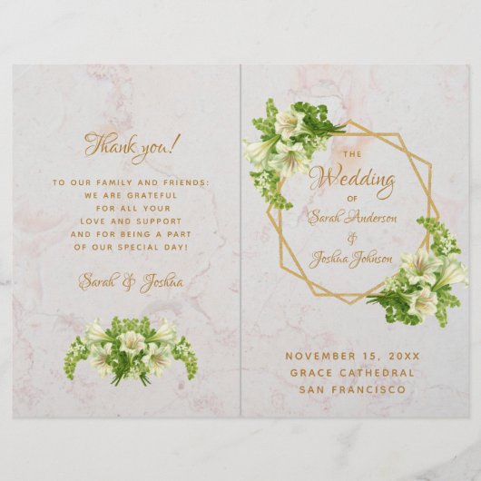 Folded Wedding Program - Marble Gold White Lilies (Voorkant)