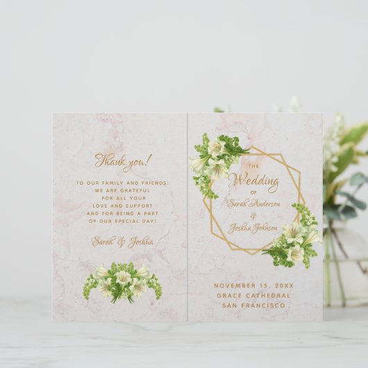 Folded Wedding Program - Marble Gold White Lilies (Staand voorkant)