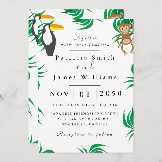 Foliage argent Faire-part de mariage d'oiseaux (Devant / Derrière)