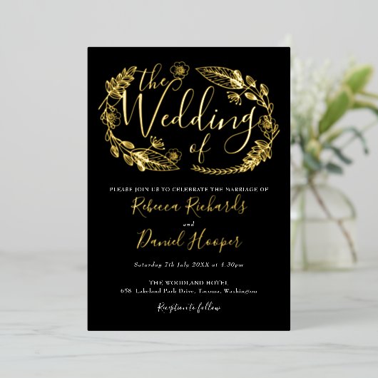 Foliage Chic Script Trouwfeest Uitnodiging Zwart E (Staand Voorkant)