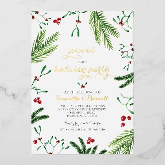 Foliage de Noël et Berries Gold Foil Invitation (Recto)