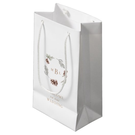 Foliage en goudmonogram White Winter Weddenschap Klein Cadeauzakje (Voorkant Gekanteld)