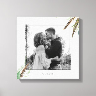 Foliage & Feathers Verloving Foto Bruiloft Datum Canvas Afdruk