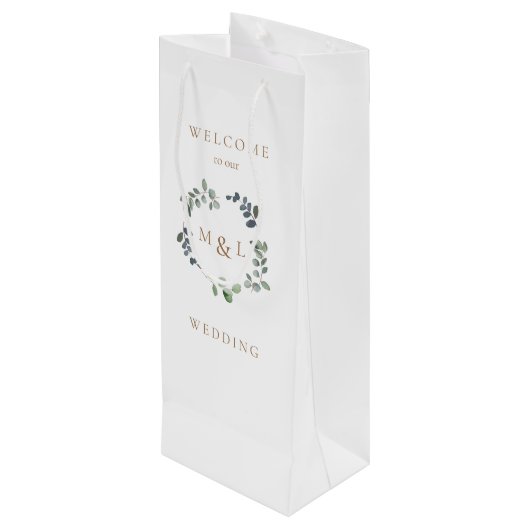Foliage & Gold Monogram White Weduwschap Welkom Wijn Cadeautas (Achterkant Gekanteld)