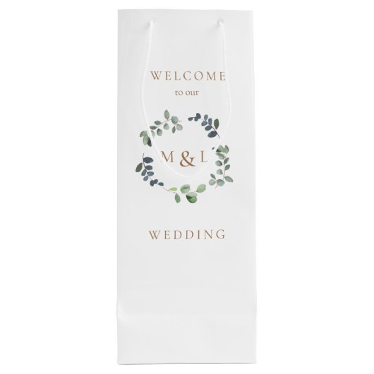 Foliage & Gold Monogram White Weduwschap Welkom Wijn Cadeautas (Achterkant)