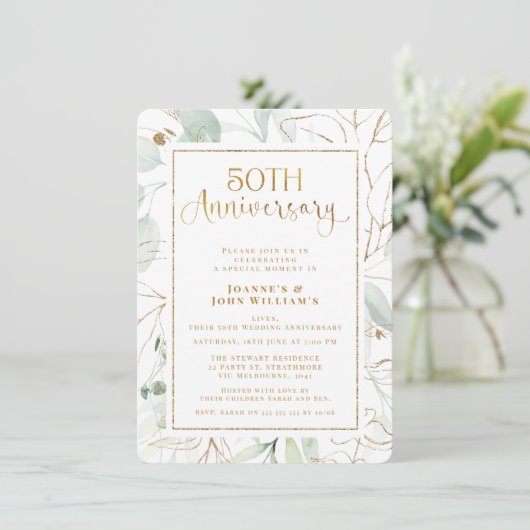 Foliage Gold Script 50ste bruiloft Jubileum Kaart (Staand voorkant)