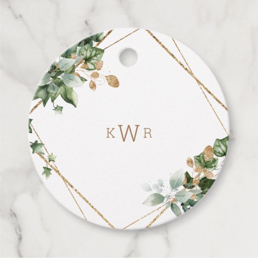 Foliage & Goud Monogram Bruiloft Dank u Bedankjes Labels (Voorkant)