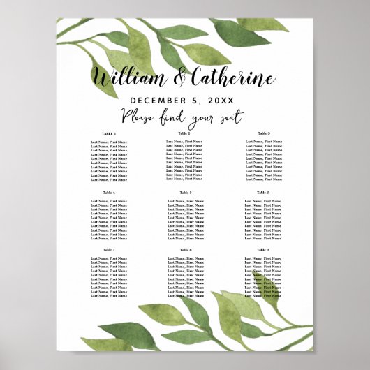 Foliage greenery leaf Table planparty/bruiloft Poster (Voorkant)