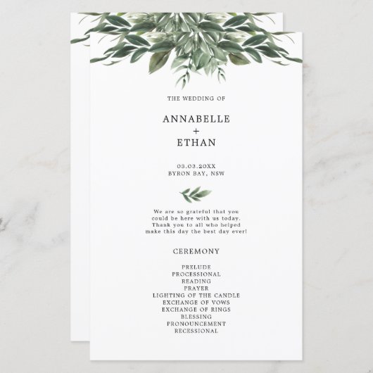 Foliage Leaf Mariage programme de cérémonie (Devant / Derrière)
