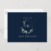 Foliage Monogram Wedding Save the Date Navy Aankondigingskaart (Voorkant / Achterkant)