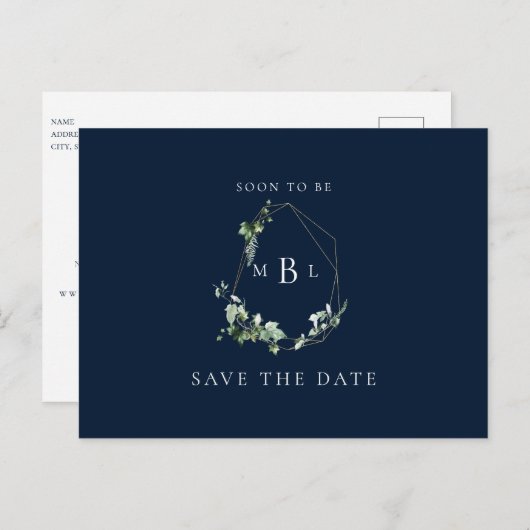 Foliage Monogram Wedding Save the Date Navy Aankondigingskaart (Voorkant / Achterkant)