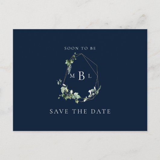 Foliage Monogram Wedding Save the Date Navy Aankondigingskaart (Voorkant)