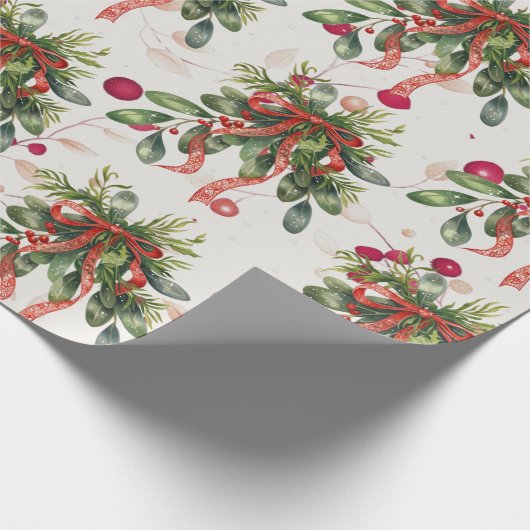 Foliage Red Ribbon Christmas Holly Cadeaupapier (Hoek)