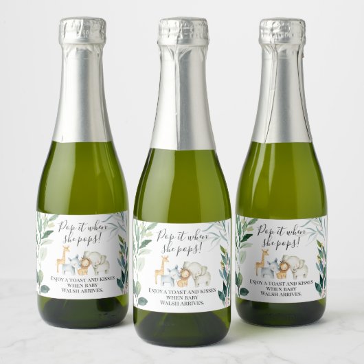 Foliage Safari Baby shower Pop It Sparkling Wijnetiket (Flessen)