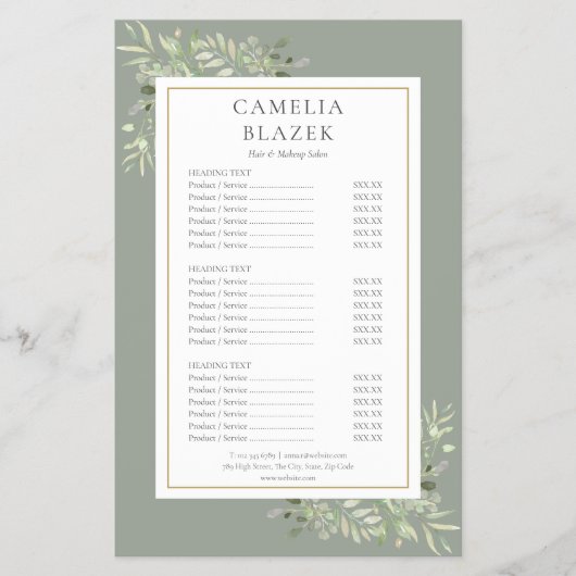 Foliage Sage Green 2 Sided Service Menu Prijslijst (Voorkant)