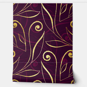 Foliage & Swirls Modern Damask Paarse en gouden Behang